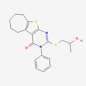 molecular formula C20H22N2O2S2 B4020322 2-[(2-hydroxypropyl)thio]-3-phenyl-3,5,6,7,8,9-hexahydro-4H-cyclohepta[4,5]thieno[2,3-d]pyrimidin-4-one 