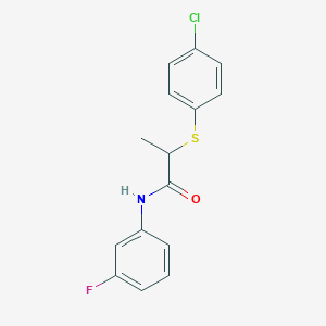 molecular formula C15H13ClFNOS B4020685 2-[(4-chlorophenyl)thio]-N-(3-fluorophenyl)propanamide 