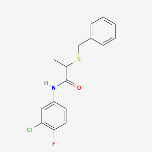 molecular formula C16H15ClFNOS B4021309 2-(benzylthio)-N-(3-chloro-4-fluorophenyl)propanamide 