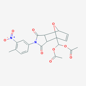 molecular formula C20H18N2O9 B402170 (Acetyloxy)(4-{3-nitro-4-methylphenyl}-3,5-dioxo-10-oxa-4-azatricyclo[5.2.1.0~2,6~]dec-8-en-1-yl)methyl acetate 