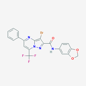 molecular formula C21H12BrF3N4O3 B402420 N-(1,3-benzodioxol-5-yl)-3-bromo-5-phenyl-7-(trifluoromethyl)pyrazolo[1,5-a]pyrimidine-2-carboxamide 