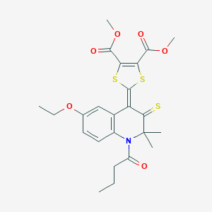 molecular formula C24H27NO6S3 B402434 Dimethyl 2-(1-butanoyl-6-ethoxy-2,2-dimethyl-3-sulfanylidenequinolin-4-ylidene)-1,3-dithiole-4,5-dicarboxylate CAS No. 327168-23-0