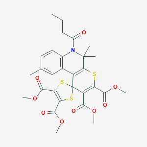 molecular formula C29H31NO9S3 B402440 Tetramethyl 6'-butanoyl-5',5',9'-trimethyl-5',6'-dihydrospiro[1,3-dithiole-2,1'-thiopyrano[2,3-c]quinoline]-2',3',4,5-tetracarboxylate 