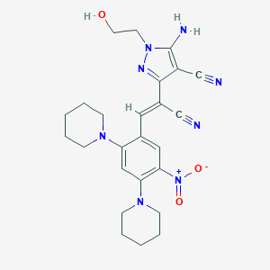 molecular formula C25H30N8O3 B402586 5-amino-3-{1-cyano-2-[5-nitro-2,4-di(1-piperidinyl)phenyl]vinyl}-1-(2-hydroxyethyl)-1H-pyrazole-4-carbonitrile 