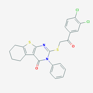 molecular formula C24H18Cl2N2O2S2 B402589 2-{[2-(3,4-dichlorophenyl)-2-oxoethyl]sulfanyl}-3-phenyl-5,6,7,8-tetrahydro[1]benzothieno[2,3-d]pyrimidin-4(3H)-one 