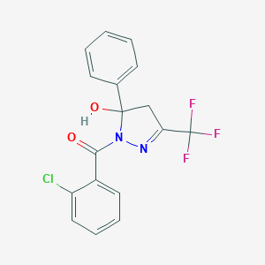 molecular formula C17H12ClF3N2O2 B402623 1-[(2-chlorophenyl)carbonyl]-5-phenyl-3-(trifluoromethyl)-4,5-dihydro-1H-pyrazol-5-ol 