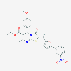 molecular formula C28H23N3O7S B402631 ethyl (2Z)-5-(4-methoxyphenyl)-7-methyl-2-{[5-(3-nitrophenyl)furan-2-yl]methylidene}-3-oxo-2,3-dihydro-5H-[1,3]thiazolo[3,2-a]pyrimidine-6-carboxylate 