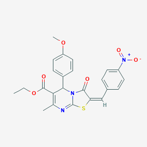 molecular formula C24H21N3O6S B402633 Ethyl 5-(4-methoxyphenyl)-7-methyl-2-(4-nitrobenzylidene)-3-oxo-3,5-dihydro-2H-thiazolo[3,2-a]pyrimidine-6-carboxylate CAS No. 300723-22-2