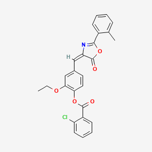 molecular formula C26H20ClNO5 B4026340 [2-ethoxy-4-[(E)-[2-(2-methylphenyl)-5-oxo-1,3-oxazol-4-ylidene]methyl]phenyl] 2-chlorobenzoate 