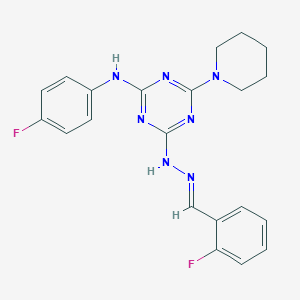 2-Fluorobenzaldehyde [4-(4-fluoroanilino)-6-piperidin-1-yl-1,3,5-triazin-2-yl]hydrazone
