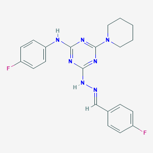 molecular formula C21H21F2N7 B402749 4-Fluorobenzaldehyde {4-[(4-fluorophenyl)amino]-6-piperidin-1-yl-1,3,5-triazin-2-yl}hydrazone 