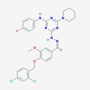 molecular formula C29H28Cl2FN7O2 B402752 4-{[(2,4-Dichlorophenyl)methyl]oxy}-3-(methyloxy)benzaldehyde {4-[(4-fluorophenyl)amino]-6-piperidin-1-yl-1,3,5-triazin-2-yl}hydrazone 