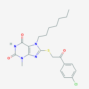 molecular formula C21H25ClN4O3S B402812 8-((2-(4-chlorophenyl)-2-oxoethyl)thio)-7-heptyl-3-methyl-1H-purine-2,6(3H,7H)-dione CAS No. 326919-34-0