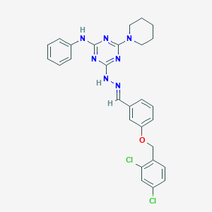 molecular formula C28H27Cl2N7O B402918 3-[(2,4-Dichlorobenzyl)oxy]benzaldehyde [4-anilino-6-(1-piperidinyl)-1,3,5-triazin-2-yl]hydrazone 