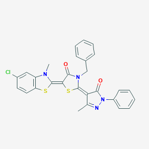 molecular formula C28H21ClN4O2S2 B402924 3-benzyl-5-(5-chloro-3-methyl-1,3-benzothiazol-2(3H)-ylidene)-2-(3-methyl-5-oxo-1-phenyl-1,5-dihydro-4H-pyrazol-4-ylidene)-1,3-thiazolidin-4-one 