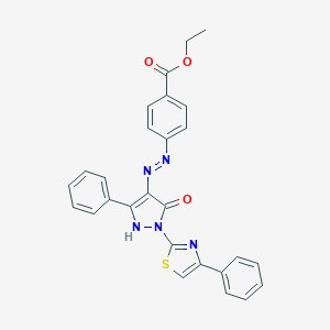 molecular formula C27H21N5O3S B402926 ethyl 4-{2-[5-oxo-3-phenyl-1-(4-phenyl-1,3-thiazol-2-yl)-1,5-dihydro-4H-pyrazol-4-ylidene]hydrazino}benzoate 