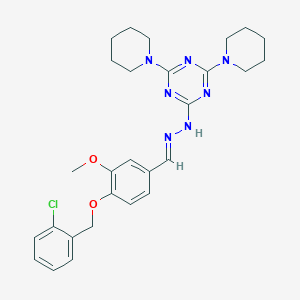 molecular formula C28H34ClN7O2 B402934 4-{[(2-Chlorophenyl)methyl]oxy}-3-(methyloxy)benzaldehyde (4,6-dipiperidin-1-yl-1,3,5-triazin-2-yl)hydrazone 