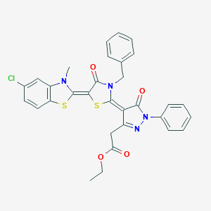 molecular formula C31H25ClN4O4S2 B402953 ethyl {(4E)-4-[(5Z)-3-benzyl-5-(5-chloro-3-methyl-1,3-benzothiazol-2(3H)-ylidene)-4-oxo-1,3-thiazolidin-2-ylidene]-5-oxo-1-phenyl-4,5-dihydro-1H-pyrazol-3-yl}acetate 