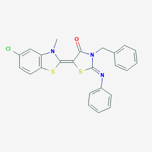 molecular formula C24H18ClN3OS2 B402956 3-benzyl-5-(5-chloro-3-methyl-1,3-benzothiazol-2(3H)-ylidene)-2-(phenylimino)-1,3-thiazolidin-4-one 