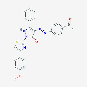 (4E)-4-[2-(4-acetylphenyl)hydrazinylidene]-2-[4-(4-methoxyphenyl)-1,3-thiazol-2-yl]-5-phenyl-2,4-dihydro-3H-pyrazol-3-one