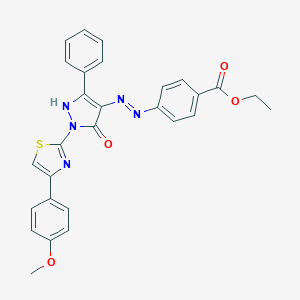 molecular formula C28H23N5O4S B402981 ethyl 4-(2-{1-[4-(4-methoxyphenyl)-1,3-thiazol-2-yl]-5-oxo-3-phenyl-1,5-dihydro-4H-pyrazol-4-ylidene}hydrazino)benzoate 