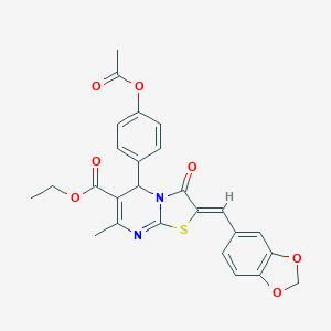 molecular formula C26H22N2O7S B403017 ethyl 5-[4-(acetyloxy)phenyl]-2-(1,3-benzodioxol-5-ylmethylene)-7-methyl-3-oxo-2,3-dihydro-5H-[1,3]thiazolo[3,2-a]pyrimidine-6-carboxylate 
