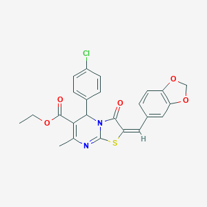 molecular formula C24H19ClN2O5S B403038 ethyl (2E)-2-(1,3-benzodioxol-5-ylmethylidene)-5-(4-chlorophenyl)-7-methyl-3-oxo-5H-[1,3]thiazolo[3,2-a]pyrimidine-6-carboxylate CAS No. 313966-37-9