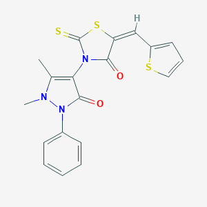 molecular formula C19H15N3O2S3 B403039 (5E)-3-(1,5-dimethyl-3-oxo-2-phenylpyrazol-4-yl)-2-sulfanylidene-5-(thiophen-2-ylmethylidene)-1,3-thiazolidin-4-one CAS No. 313966-16-4