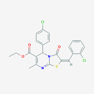 molecular formula C23H18Cl2N2O3S B403077 ethyl (2E)-5-(4-chlorophenyl)-2-[(2-chlorophenyl)methylidene]-7-methyl-3-oxo-5H-[1,3]thiazolo[3,2-a]pyrimidine-6-carboxylate CAS No. 181058-45-7