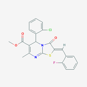molecular formula C22H16ClFN2O3S B403079 methyl 5-(2-chlorophenyl)-2-(2-fluorobenzylidene)-7-methyl-3-oxo-2,3-dihydro-5H-[1,3]thiazolo[3,2-a]pyrimidine-6-carboxylate 