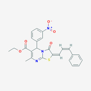 molecular formula C25H21N3O5S B403080 ethyl 5-{3-nitrophenyl}-7-methyl-3-oxo-2-(3-phenyl-2-propenylidene)-2,3-dihydro-5H-[1,3]thiazolo[3,2-a]pyrimidine-6-carboxylate 