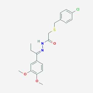 molecular formula C20H23ClN2O3S B403096 2-[(4-chlorobenzyl)sulfanyl]-N'-[1-(3,4-dimethoxyphenyl)propylidene]acetohydrazide 