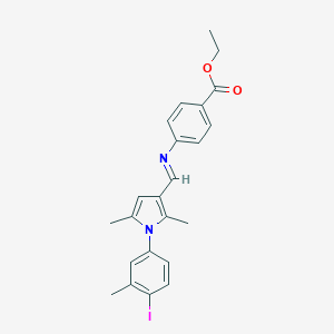 molecular formula C23H23IN2O2 B403123 ethyl 4-({[1-(4-iodo-3-methylphenyl)-2,5-dimethyl-1H-pyrrol-3-yl]methylene}amino)benzoate 