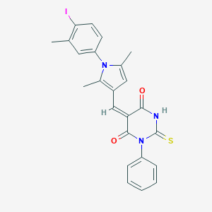 molecular formula C24H20IN3O2S B403142 5-{[1-(4-iodo-3-methylphenyl)-2,5-dimethyl-1H-pyrrol-3-yl]methylene}-1-phenyl-2-thioxodihydro-4,6(1H,5H)-pyrimidinedione 