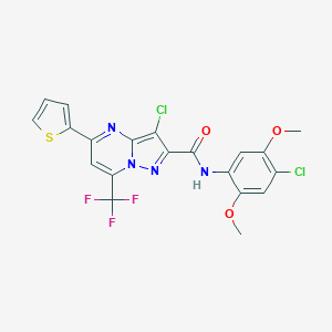 molecular formula C20H13Cl2F3N4O3S B403153 3-chloro-N-(4-chloro-2,5-dimethoxyphenyl)-5-thiophen-2-yl-7-(trifluoromethyl)pyrazolo[1,5-a]pyrimidine-2-carboxamide CAS No. 313247-32-4