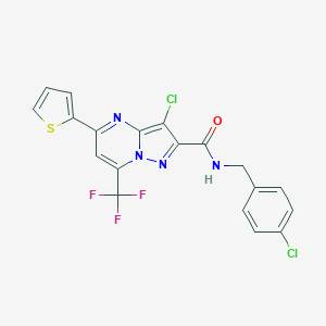 molecular formula C19H11Cl2F3N4OS B403180 3-chloro-N-(4-chlorobenzyl)-5-(2-thienyl)-7-(trifluoromethyl)pyrazolo[1,5-a]pyrimidine-2-carboxamide 