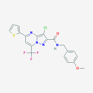 molecular formula C20H14ClF3N4O2S B403182 3-chloro-N-(4-methoxybenzyl)-5-(2-thienyl)-7-(trifluoromethyl)pyrazolo[1,5-a]pyrimidine-2-carboxamide 