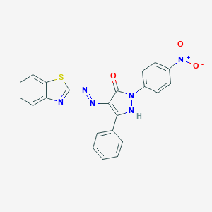 molecular formula C22H14N6O3S B403279 (4E)-4-[2-(1,3-benzothiazol-2-yl)hydrazinylidene]-2-(4-nitrophenyl)-5-phenyl-2,4-dihydro-3H-pyrazol-3-one 