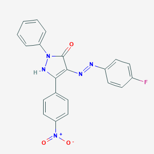 molecular formula C21H14FN5O3 B403338 (4Z)-4-[2-(4-fluorophenyl)hydrazinylidene]-5-(4-nitrophenyl)-2-phenyl-2,4-dihydro-3H-pyrazol-3-one 