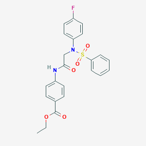 molecular formula C23H21FN2O5S B403396 Ethyl 4-({[(4-fluorophenyl)(phenylsulfonyl)amino]acetyl}amino)benzoate 