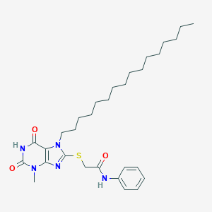 molecular formula C30H45N5O3S B403468 2-[(7-hexadecyl-3-methyl-2,6-dioxo-2,3,6,7-tetrahydro-1H-purin-8-yl)sulfanyl]-N-phenylacetamide 