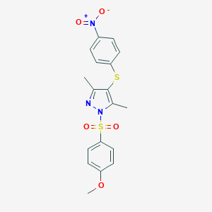 molecular formula C18H17N3O5S2 B403490 4-({4-nitrophenyl}sulfanyl)-1-[(4-methoxyphenyl)sulfonyl]-3,5-dimethyl-1H-pyrazole 