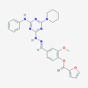 molecular formula C27H27N7O4 B403537 2-methoxy-4-[(E)-{2-[4-(phenylamino)-6-(piperidin-1-yl)-1,3,5-triazin-2-yl]hydrazinylidene}methyl]phenyl furan-2-carboxylate 