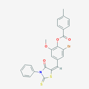 molecular formula C25H18BrNO4S2 B403540 2-Bromo-6-methoxy-4-[(4-oxo-3-phenyl-2-thioxo-1,3-thiazolidin-5-ylidene)methyl]phenyl 4-methylbenzoate 
