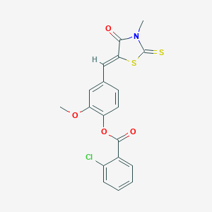 molecular formula C19H14ClNO4S2 B403608 2-Methoxy-4-[(3-methyl-4-oxo-2-thioxo-1,3-thiazolidin-5-ylidene)methyl]phenyl 2-chlorobenzoate 