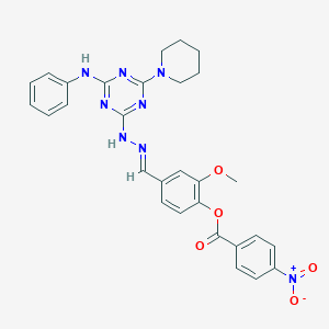 molecular formula C29H28N8O5 B403628 4-Nitro-benzoic acid 2-methoxy-4-[(4-phenylamino-6-piperidin-1-yl-[1,3,5]triazin 