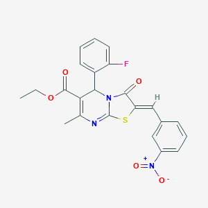 molecular formula C23H18FN3O5S B403688 ethyl 5-(2-fluorophenyl)-2-{3-nitrobenzylidene}-7-methyl-3-oxo-2,3-dihydro-5H-[1,3]thiazolo[3,2-a]pyrimidine-6-carboxylate 