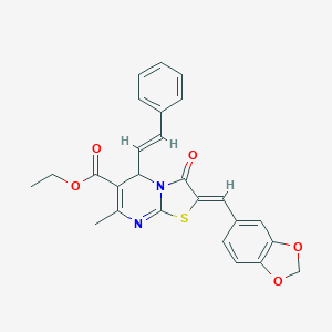 molecular formula C26H22N2O5S B403698 ethyl 2-(1,3-benzodioxol-5-ylmethylene)-7-methyl-3-oxo-5-(2-phenylvinyl)-2,3-dihydro-5H-[1,3]thiazolo[3,2-a]pyrimidine-6-carboxylate 