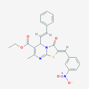 molecular formula C25H21N3O5S B403700 ethyl 2-{3-nitrobenzylidene}-7-methyl-3-oxo-5-(2-phenylvinyl)-2,3-dihydro-5H-[1,3]thiazolo[3,2-a]pyrimidine-6-carboxylate 
