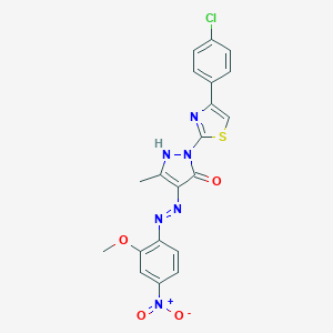 molecular formula C20H15ClN6O4S B403860 (4E)-2-[4-(4-chlorophenyl)-1,3-thiazol-2-yl]-4-[2-(2-methoxy-4-nitrophenyl)hydrazinylidene]-5-methyl-2,4-dihydro-3H-pyrazol-3-one 